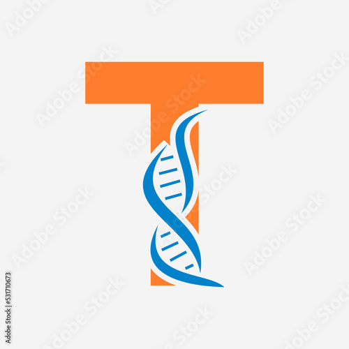 Initial DNA Logo On Letter T Vector Template For Healthcare Sign