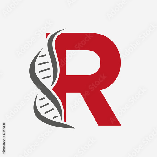 Initial DNA Logo On Letter R Vector Template For Healthcare Sign