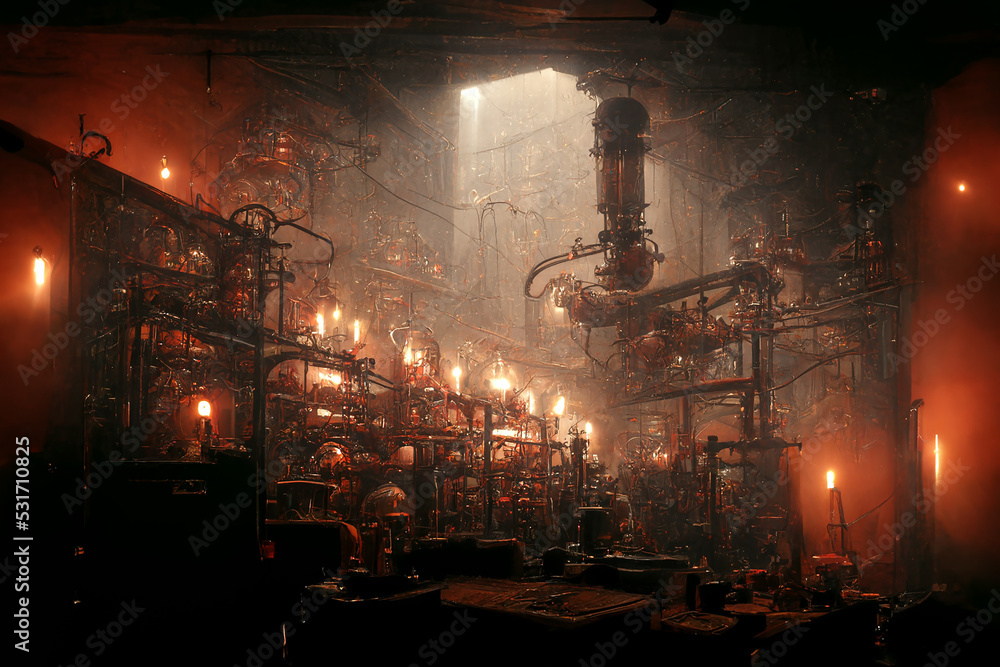 Spooky Industrial Factory Laboratory Hall 3D Art Illustration. Creepy