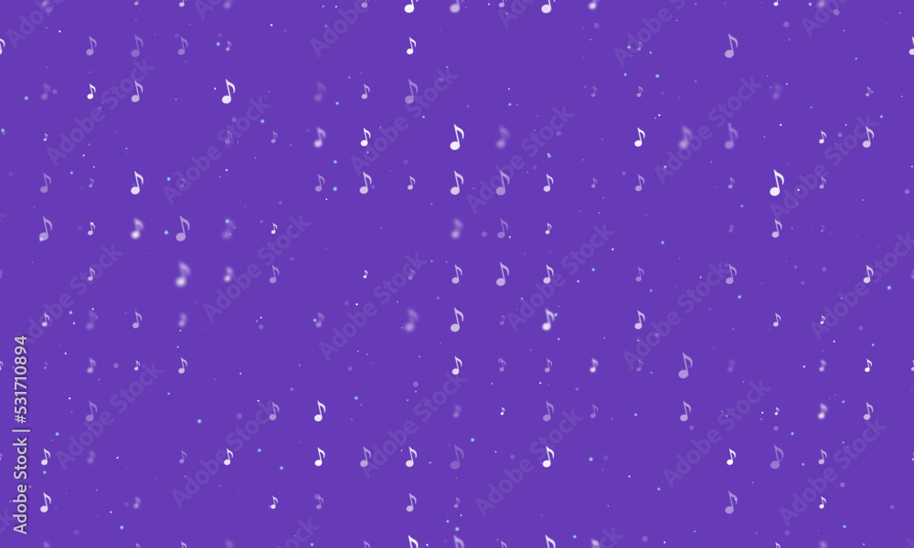Seamless background pattern of evenly spaced white musical note symbols of different sizes and opacity. Vector illustration on deep purple background with stars Seamless background pattern of evenly spaced white musical note symbols of different sizes and opacity. Vector illustration on deep purple background with stars