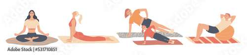 Home workout. People doing exercises. Man, woman, family doing sports at home