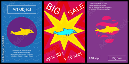 Trendy retro posters for organizing sales and other events. Large dolphin symbol in the center of each poster. Vector illustration on black background