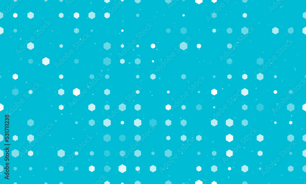 Seamless background pattern of evenly spaced white hexagon symbols of different sizes and opacity. Vector illustration on cyan background with stars