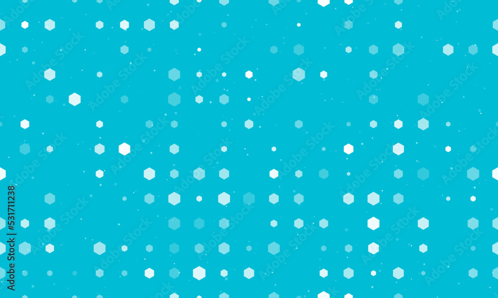 Seamless background pattern of evenly spaced white hexagon symbols of different sizes and opacity. Vector illustration on cyan background with stars Seamless background pattern of evenly spaced white hexagon symbols of different sizes and opacity. Vector illustration on cyan background with stars