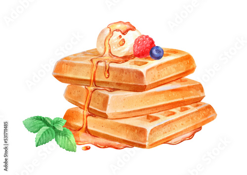 Vector watercolor illustration of Waffles dessert 