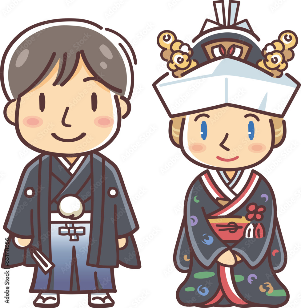 Fototapeta premium 国際結婚のカップルのイラスト（和装結婚式・角隠し・色打掛と袴）