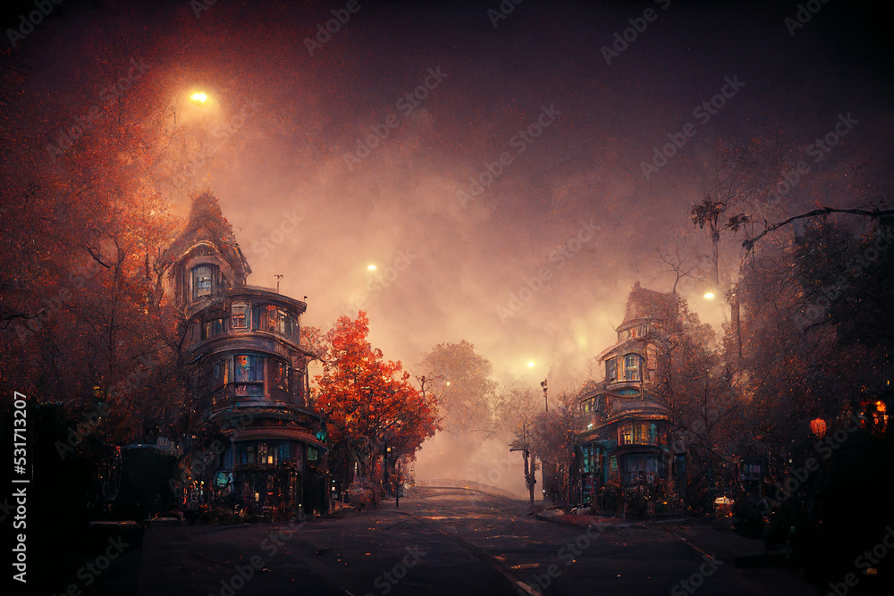 Evening Foggy Mystical Street of Autumn Small Town 3D Art Illustration