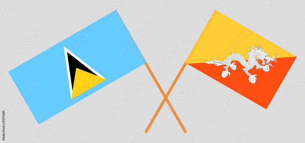 Crossed flags of Saint Lucia and Bhutan. Official colors. Correct proportion Crossed flags of Saint Lucia and Bhutan. Official colors. Correct proportion