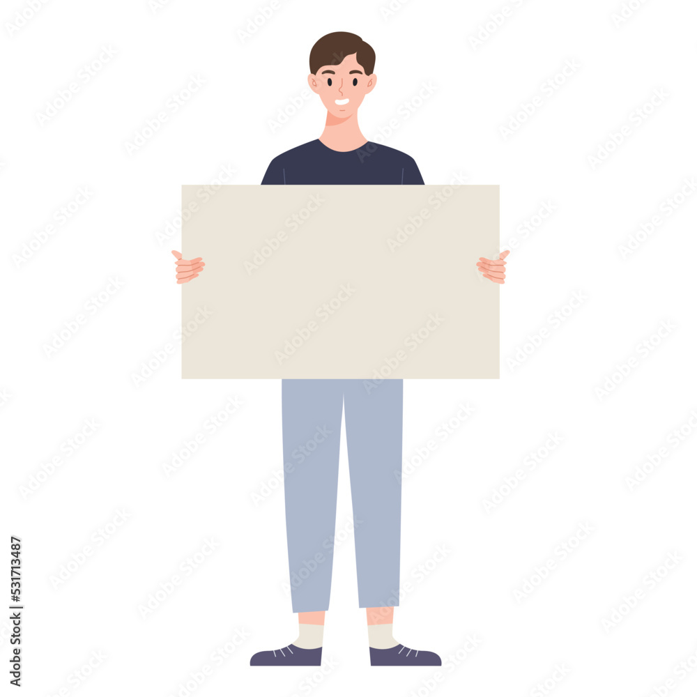 Young cheerful male standing and holding blank placard isolated on white background. Template for message, announcement, advertising, presentation, information. Flat vector illustration character. Young cheerful male standing and holding blank placard isolated on white background. Template for message, announcement, advertising, presentation, information. Flat vector illustration character.