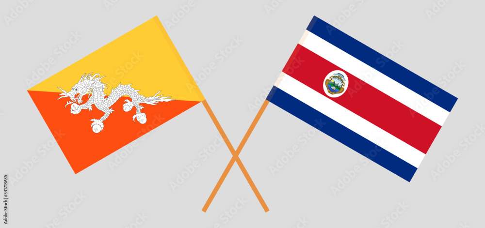 Crossed flags of Bhutan and Costa Rica. Official colors. Correct proportion