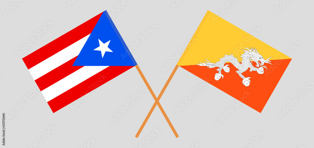 Crossed flags of Puerto Rico and Bhutan. Official colors. Correct proportion