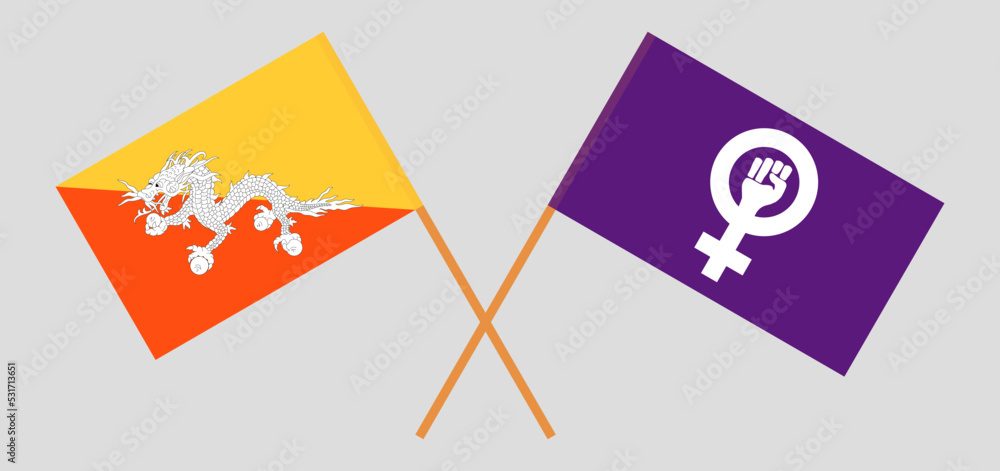 Crossed flags of Bhutan and Feminism. Official colors. Correct proportion Crossed flags of Bhutan and Feminism. Official colors. Correct proportion