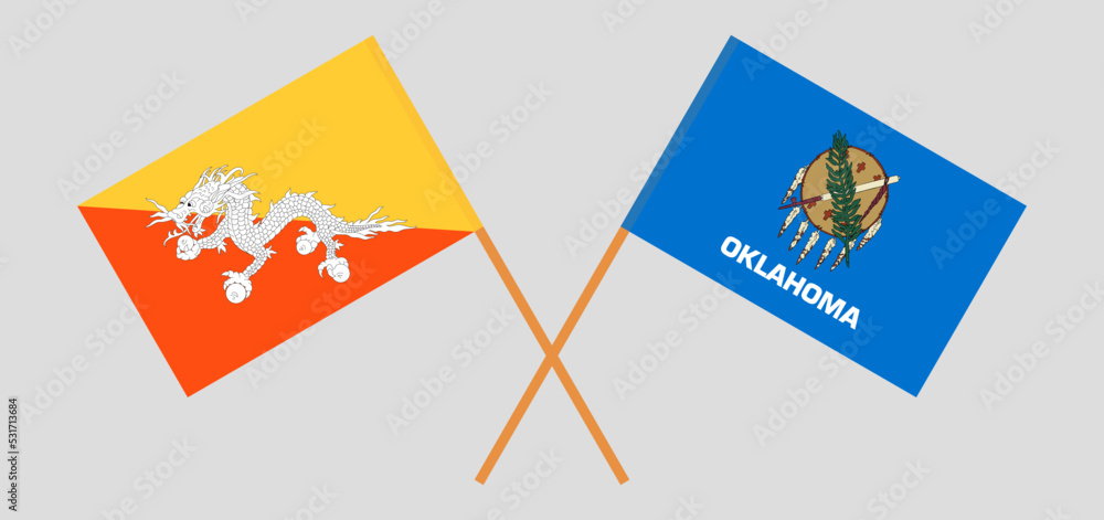 Crossed flags of Bhutan and The State of Oklahoma. Official colors. Correct proportion Crossed flags of Bhutan and The State of Oklahoma. Official colors. Correct proportion