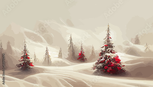 illustration of beautiful snowy mountain with tree on winter perfect for print on Christmas card