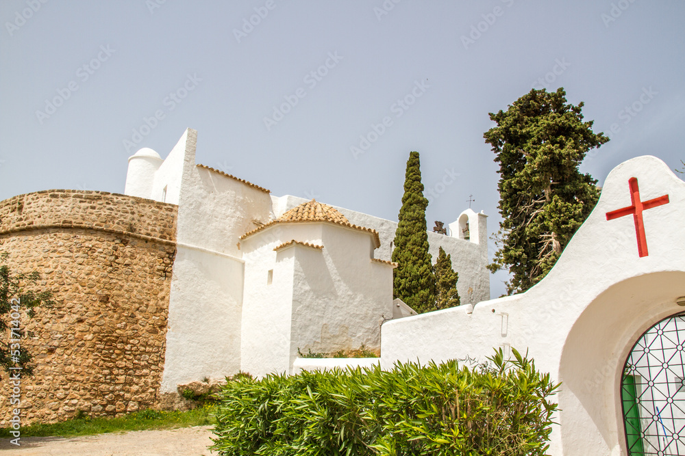 Church with white painted walls at Puig de Missa, Santa Eulalia del Riu, Ibiza island, Balearic islands, Spain