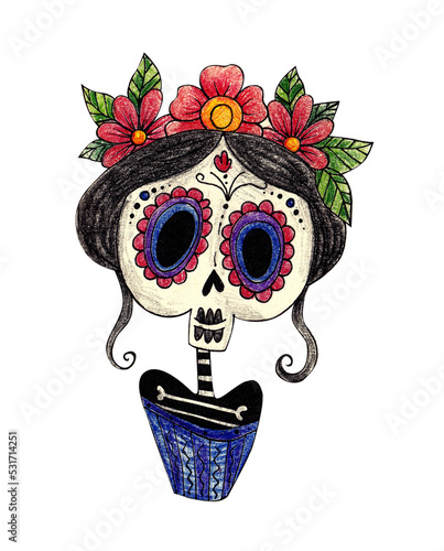 girl in traditional costume on the day of all the dead. Mexico. doodle drawing with watercolor pencils. for printing postcards, stickers, prints, posters. children's book illustration.