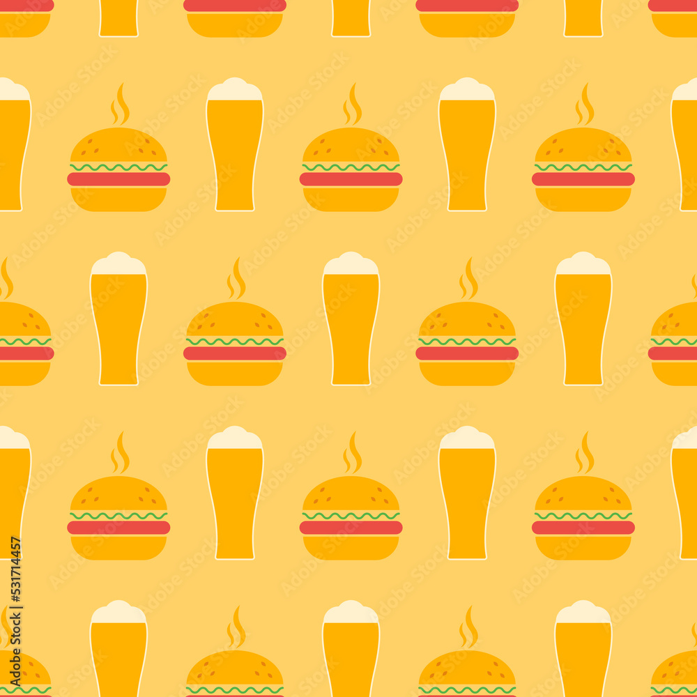 Seamless pattern with beer and burger. Icon beer glass and burger in retro color palette. Food concept in flat design. Retro design for print on wrapping paper, wallpaper, fabric. Vector illustration Seamless pattern with beer and burger. Icon beer glass and burger in retro color palette. Food concept in flat design. Retro design for print on wrapping paper, wallpaper, fabric. Vector illustration