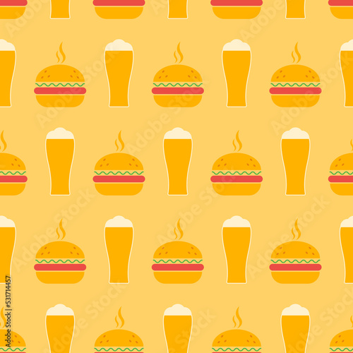 Seamless pattern with beer and burger. Icon beer glass and burger in retro color palette. Food concept in flat design. Retro design for print on wrapping paper, wallpaper, fabric. Vector illustration
