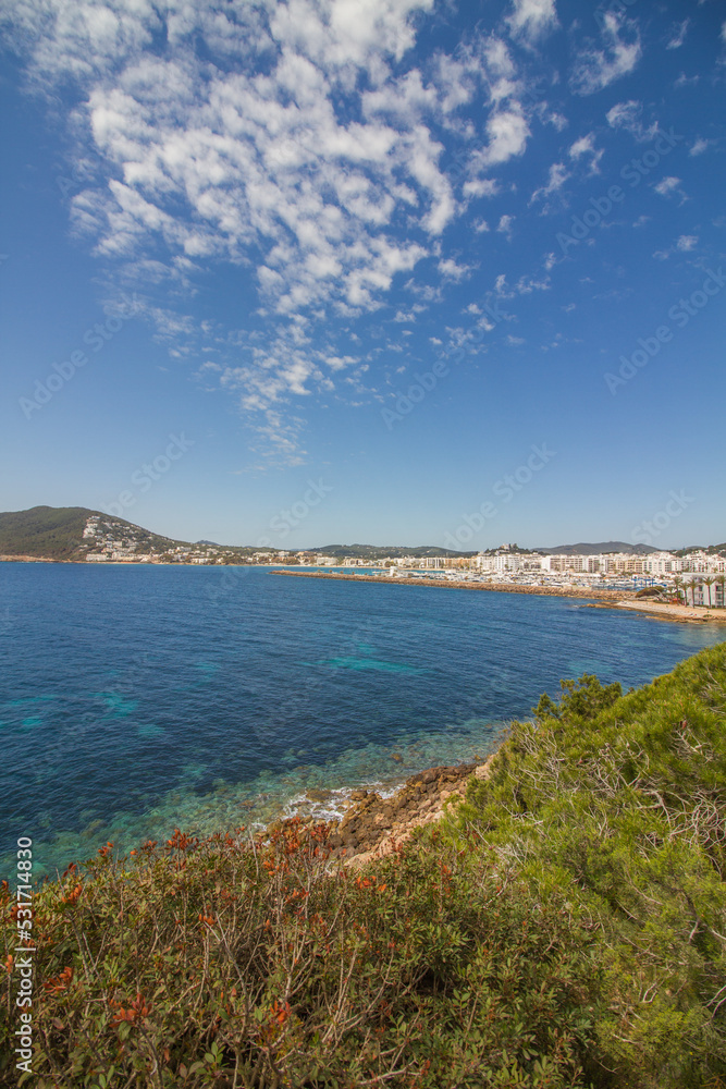 Beautiful seascape of the Mediterranean Sea with pine trees and the rocky coast of Ibiza island near Santa Eulalia del Rio, Spain