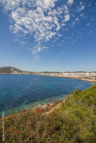 Beautiful seascape of the Mediterranean Sea with pine trees and the rocky coast of Ibiza island near Santa Eulalia del Rio, Spain