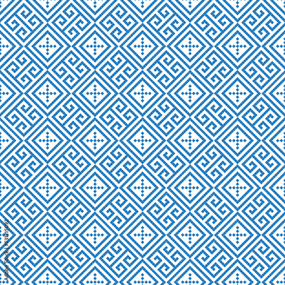 Blue cross-stitch knitting pattern on white background. Blue square dots on white backdrop. Monochrome fabric pattern design for sale. Knitting handicraft art.