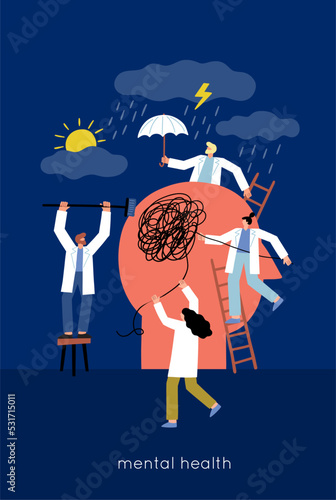 Psychology mental therapy session. Psychotherapy help concept. Flat vector illustration 