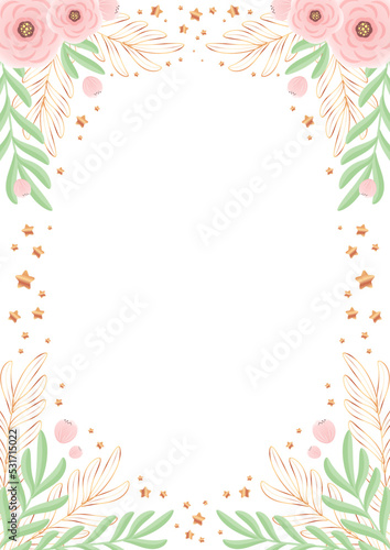Floral background. Beautiful frame of roses and gold leaves. Vector illustration 10 EPS.