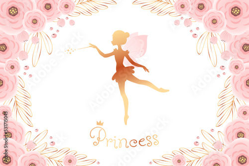 Golden fairy princess baby shower backdrop. Birthday party background with a little pixie silhouette and a beautiful floral frame. Vector illustration 10 EPS.