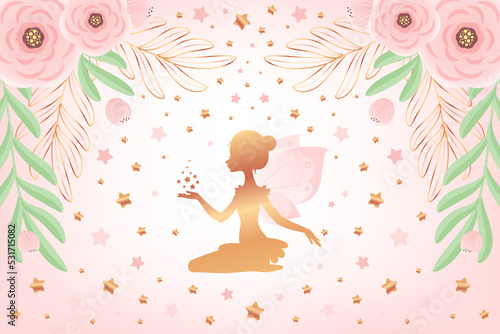 Golden fairy princess baby shower backdrop. Birthday party background with a little pixie silhouette and a beautiful floral frame. Vector illustration 10 EPS.