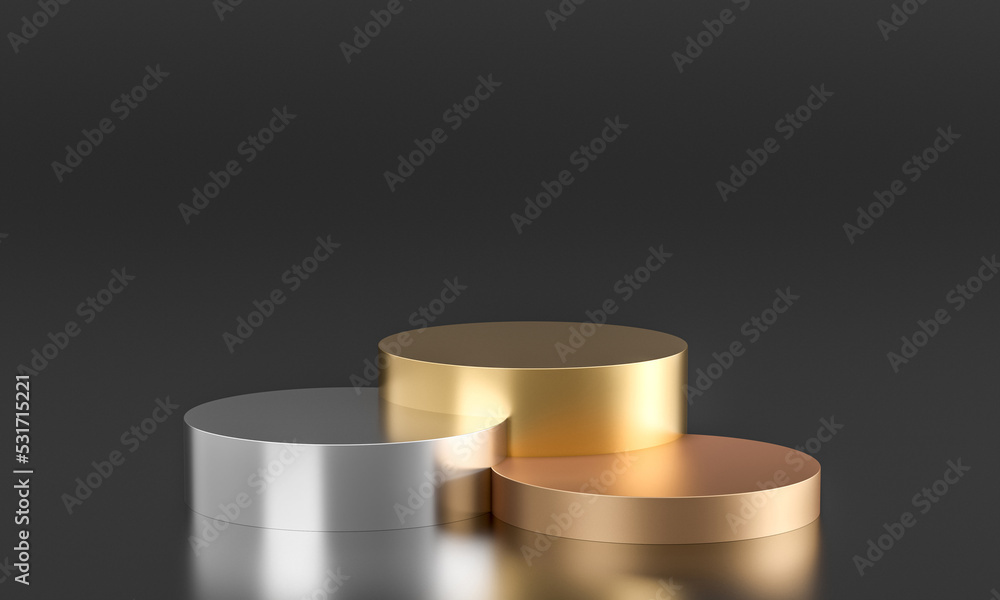 metallic podiums in gold, bronze, silver on a black background. metallic podiums in gold, bronze, silver on a black background.