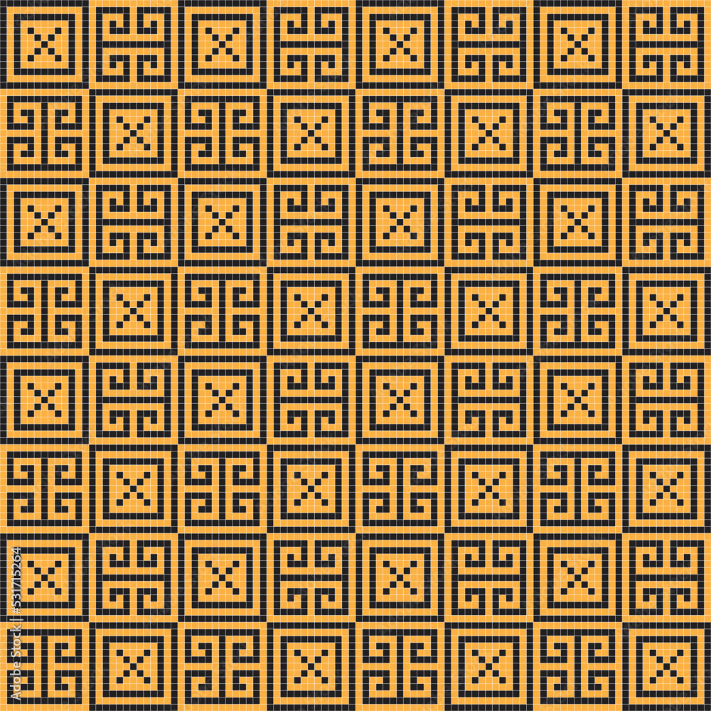 Orange cross-stitch knitting pattern on black background. Orange square dots on black backdrop. Monochrome fabric pattern design for sale. Knitting handicraft art. Orange cross-stitch knitting pattern on black background. Orange square dots on black backdrop. Monochrome fabric pattern design for sale. Knitting handicraft art.
