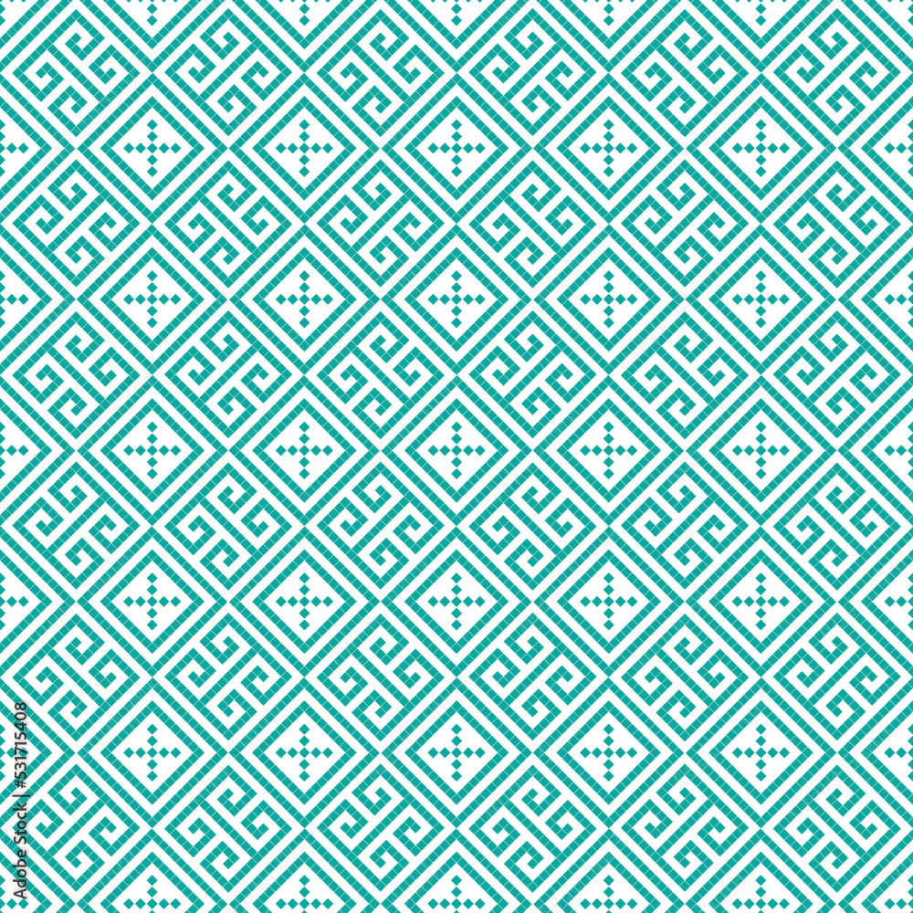 Green cross-stitch knitting pattern on white background. Green square dots on white backdrop. Monochrome fabric pattern design for sale. Knitting handicraft art.