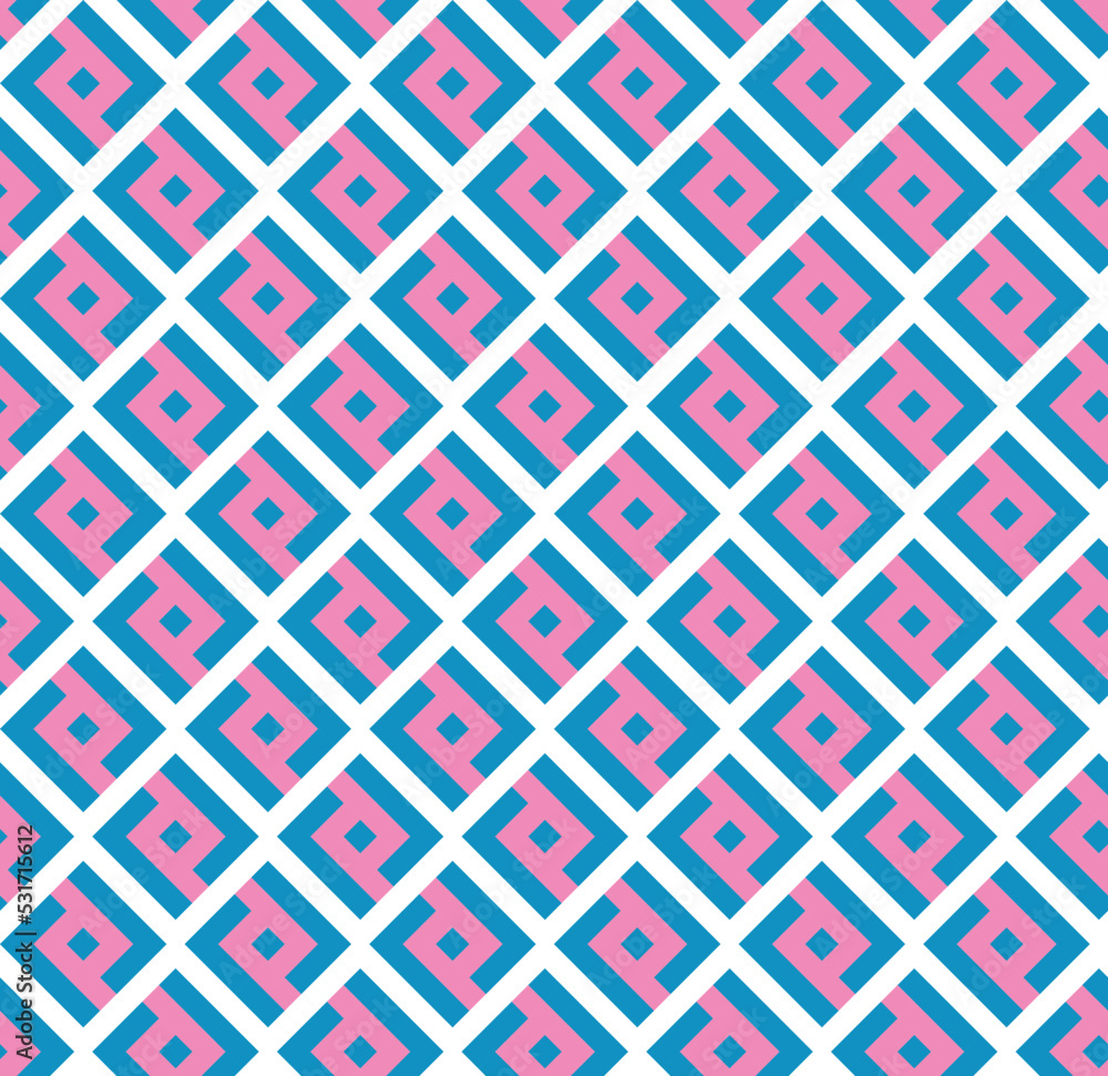 Blue L-shaped interlaced pattern on pink background. Blue interlocking pattern on pink backdrop. Blue L-shaped interlaced pattern on pink background. Blue interlocking pattern on pink backdrop.
