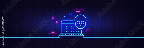 Neon light glow effect. Cyber attack line icon. Ransomware threat sign. Computer phishing virus symbol. 3d line neon glow icon. Brick wall banner. Cyber attack outline. Vector