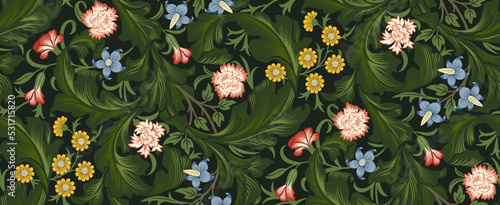 Floral seamless pattern with flowers and foliage on dark background. Vector illustration.