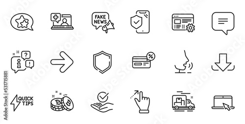 Outline set of Quickstart guide, Cashback and Download line icons for web application. Talk, information, delivery truck outline icon. Vector