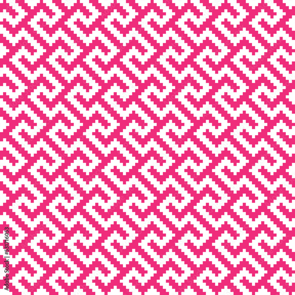Pink cross-stitch knitting pattern on white background. Pink square dots on white backdrop. Monochrome fabric pattern design for sale. Knitting handicraft art. Pink cross-stitch knitting pattern on white background. Pink square dots on white backdrop. Monochrome fabric pattern design for sale. Knitting handicraft art.