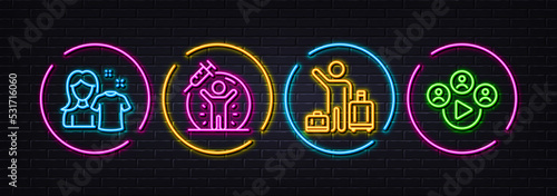 Vaccine protection, Clean shirt and Airport transfer minimal line icons. Neon laser 3d lights. Video conference icons. For web, application, printing. Vector