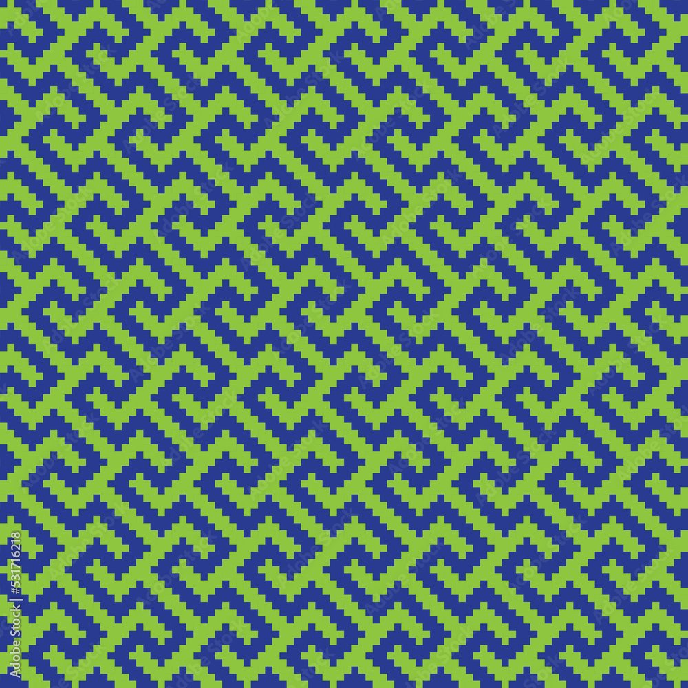 Blue cross-stitch knitting pattern on green background. Blue square dots on green backdrop. Monochrome fabric pattern design for sale. Knitting handicraft art. Blue cross-stitch knitting pattern on green background. Blue square dots on green backdrop. Monochrome fabric pattern design for sale. Knitting handicraft art.