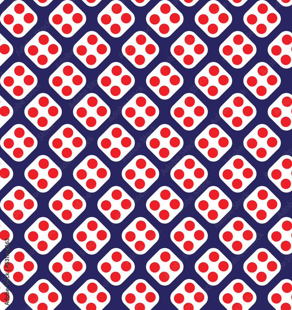 Red and white dice pattern on blue background. Diagonal rounded square and dots pattern on blue backdrop. Modern abstract pattern art. Red and white dice pattern on blue background. Diagonal rounded square and dots pattern on blue backdrop. Modern abstract pattern art.