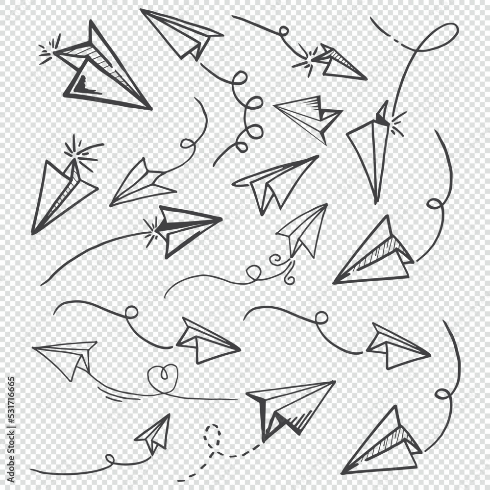 Set of doodle paper plane icon. Hand drawn paper airplane Isolated on