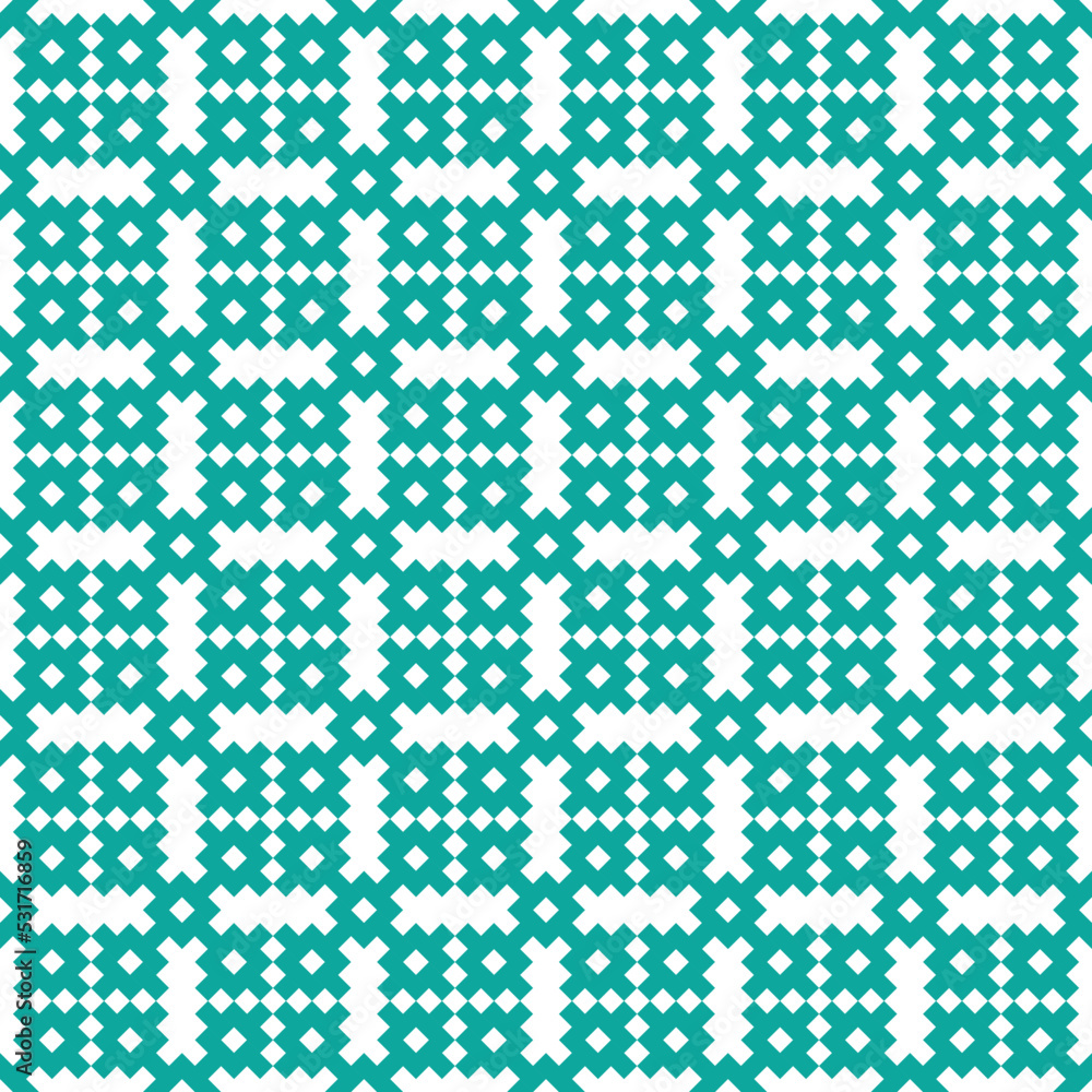 Green cross-stitch knitting pattern on white background. Green square dots on white backdrop. Monochrome fabric pattern design for sale. Knitting handicraft art. Green cross-stitch knitting pattern on white background. Green square dots on white backdrop. Monochrome fabric pattern design for sale. Knitting handicraft art.