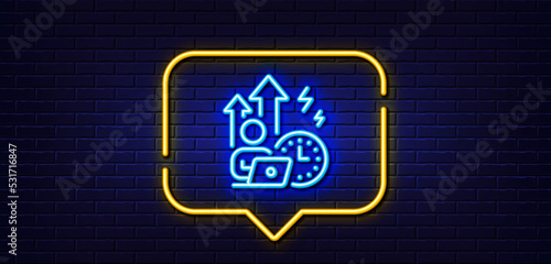 Neon light speech bubble. Difficult stress grows line icon. Work pressure sign. Mental health symbol. Neon light background. Difficult stress glow line. Brick wall banner. Vector