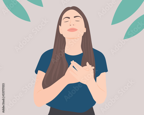 Beautiful woman standing with her eyes closed, hands placed on her chest, breathing in and out, consciously touching the happiness inside her heart. Vector illustration concept of living a happy life.