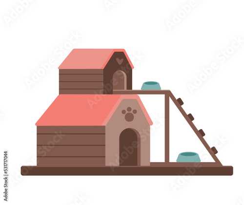 Barkitecture and Hotel for pets element. Two-storied Kennel for homeless animals. Big wooden doghouse isolated on a white background. Vector flat architectural object for animation, cards. photo