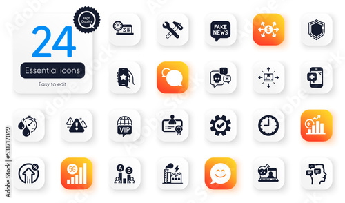Set of Technology flat icons. 5g wifi, Cyber attack and Shield elements for web application. Service, Time, Dollar exchange icons. Smile chat, Favorite app, Vip internet elements. Vector