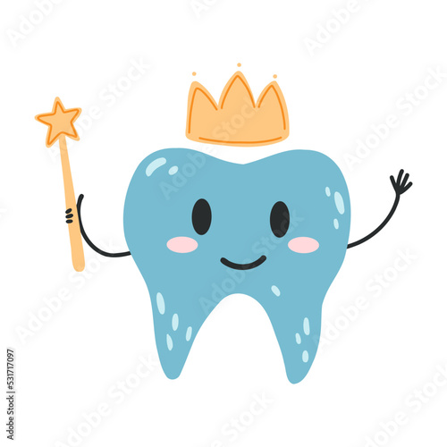 Hand drawn tooth fairy with crown and star magic wand in cartoon flat style. Vector illustration of kawaii tooth character for stickers, web design, kid poster, postcard, fabric print