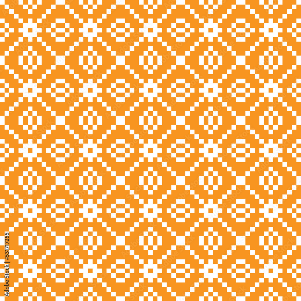 White cross-stitch knitting pattern on orange background. White square dots on orange backdrop. Fabric pattern design for sale. Knitting handicraft art. White cross-stitch knitting pattern on orange background. White square dots on orange backdrop. Fabric pattern design for sale. Knitting handicraft art.