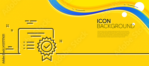 Certificate line icon. Abstract yellow background. Verified document sign. Accepted or confirmed symbol. Minimal certificate line icon. Wave banner concept. Vector