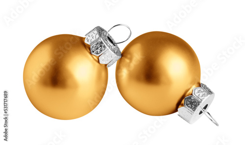 Christmas balls isolated on white background. Two gold christmas ornaments